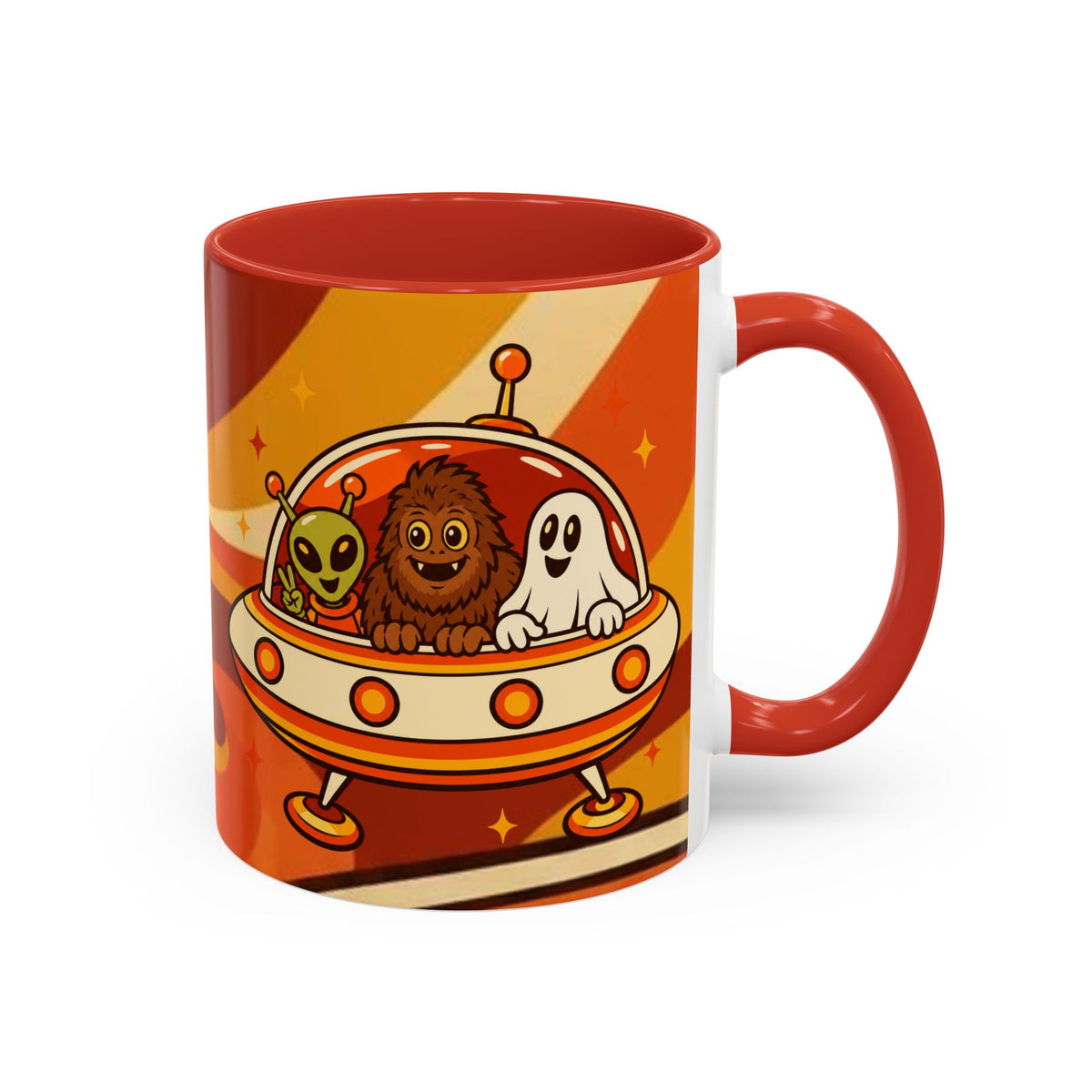 Retro Alien Friends Coffee Mug — Cute UFO, Alien, Bigfoot & Ghost Accent Mug (11/15oz)