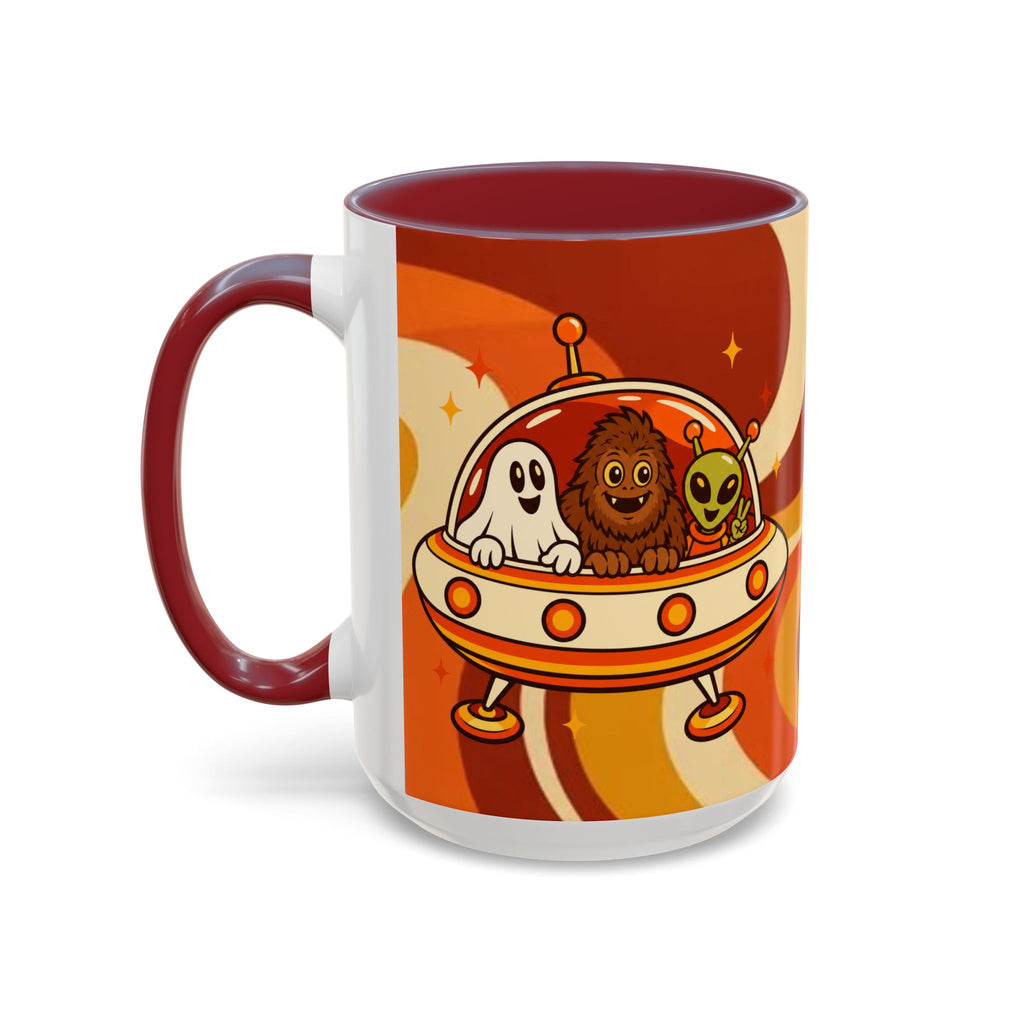 Retro Alien Friends Coffee Mug — Cute UFO, Alien, Bigfoot & Ghost Accent Mug (11/15oz)