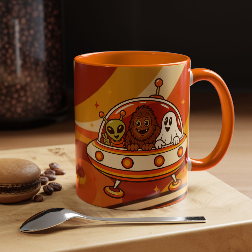 Retro Alien Friends Coffee Mug — Cute UFO, Alien, Bigfoot & Ghost Accent Mug (11/15oz)