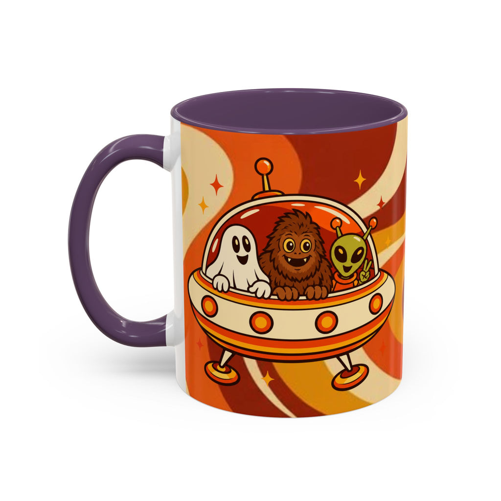 Retro Alien Friends Coffee Mug — Cute UFO, Alien, Bigfoot & Ghost Accent Mug (11/15oz)