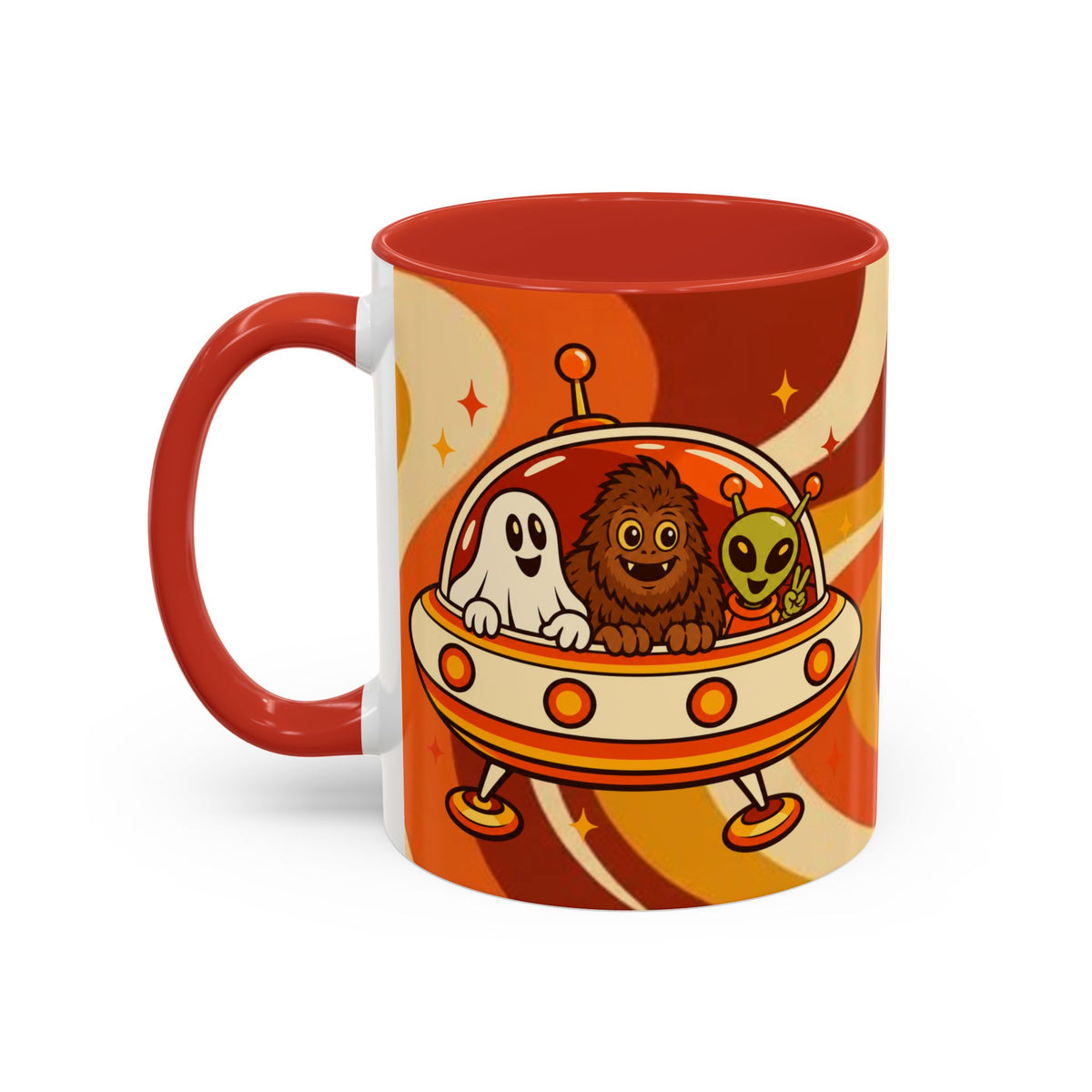 Retro Alien Friends Coffee Mug — Cute UFO, Alien, Bigfoot & Ghost Accent Mug (11/15oz)