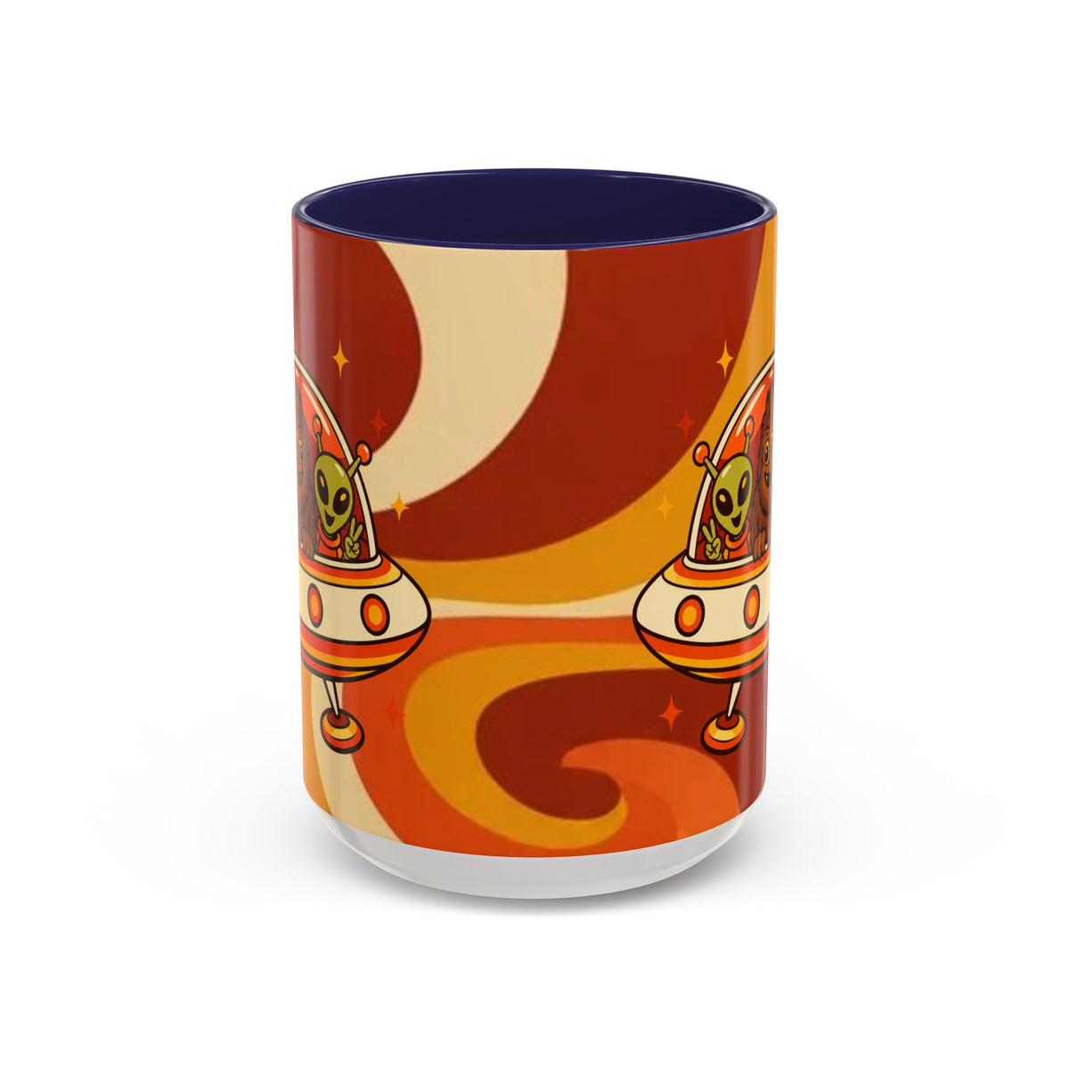 Retro Alien Friends Coffee Mug — Cute UFO, Alien, Bigfoot & Ghost Accent Mug (11/15oz)