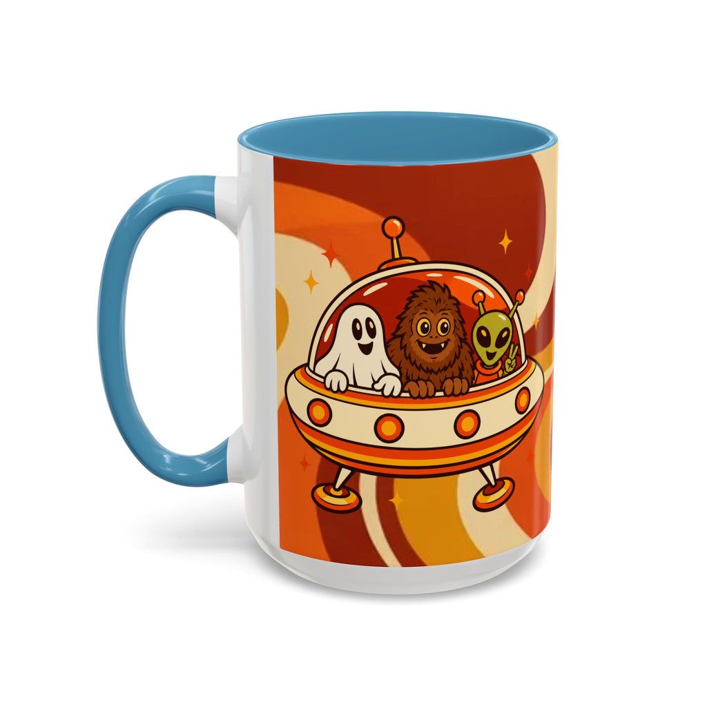 Retro Alien Friends Coffee Mug — Cute UFO, Alien, Bigfoot & Ghost Accent Mug (11/15oz)