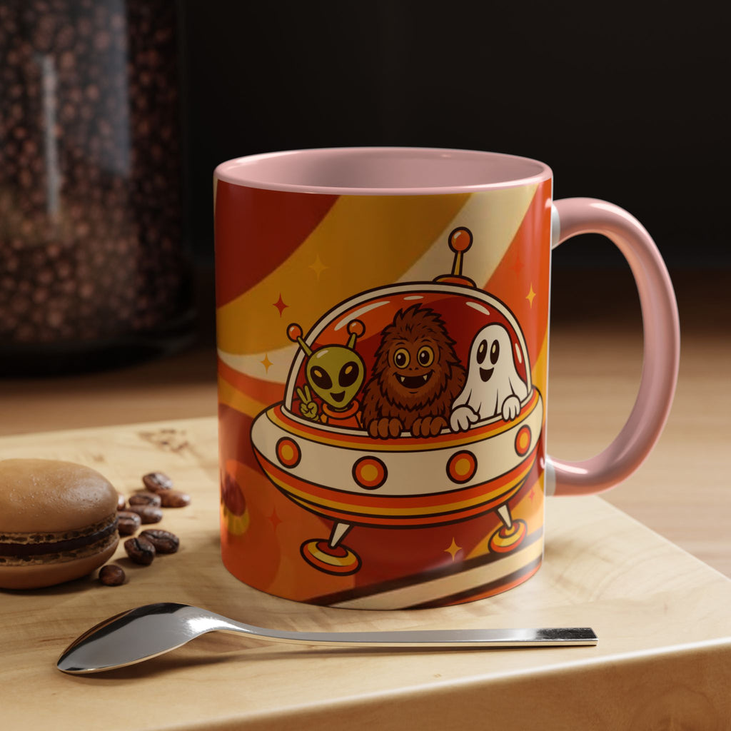 Retro Alien Friends Coffee Mug — Cute UFO, Alien, Bigfoot & Ghost Accent Mug (11/15oz)