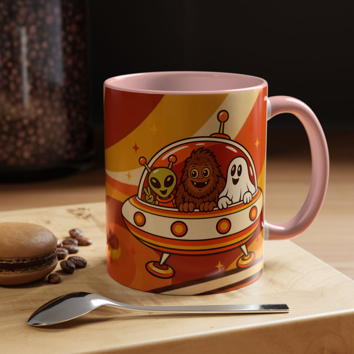 Retro Alien Friends Coffee Mug — Cute UFO, Alien, Bigfoot & Ghost Accent Mug (11/15oz)