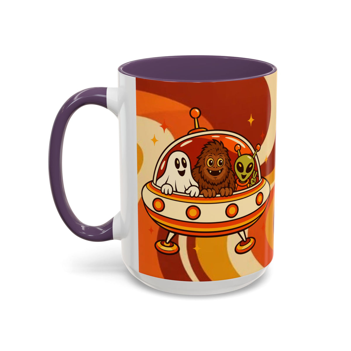 Retro Alien Friends Coffee Mug — Cute UFO, Alien, Bigfoot & Ghost Accent Mug (11/15oz)