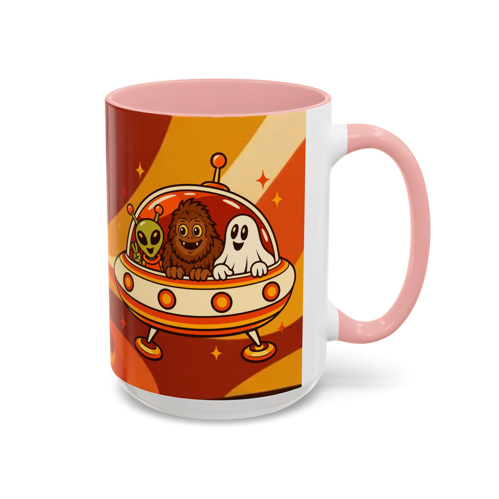 Retro Alien Friends Coffee Mug — Cute UFO, Alien, Bigfoot & Ghost Accent Mug (11/15oz)