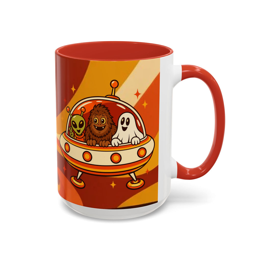 Retro Alien Friends Coffee Mug — Cute UFO, Alien, Bigfoot & Ghost Accent Mug (11/15oz)