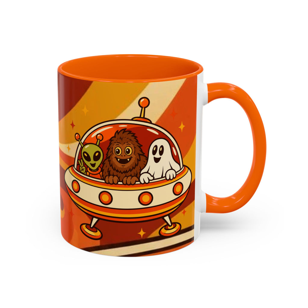 Retro Alien Friends Coffee Mug — Cute UFO, Alien, Bigfoot & Ghost Accent Mug (11/15oz)