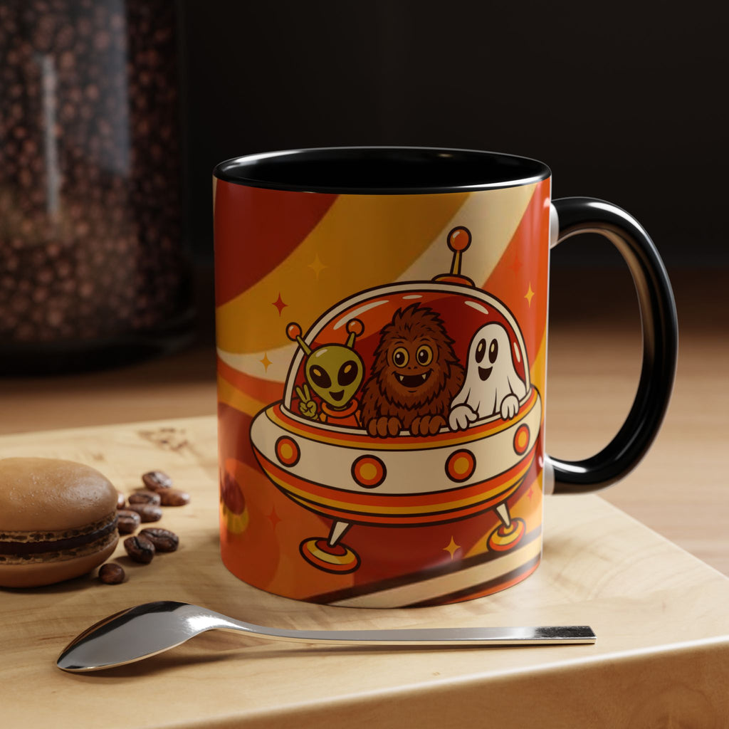 Retro Alien Friends Coffee Mug — Cute UFO, Alien, Bigfoot & Ghost Accent Mug (11/15oz)