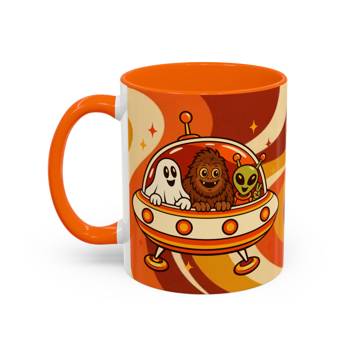 Retro Alien Friends Coffee Mug — Cute UFO, Alien, Bigfoot & Ghost Accent Mug (11/15oz)