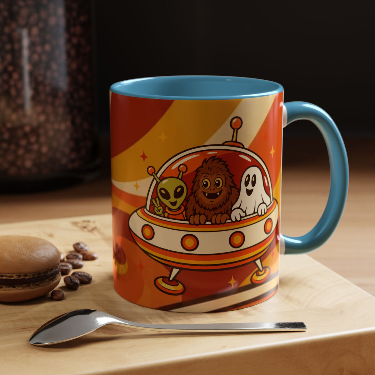 Retro Alien Friends Coffee Mug — Cute UFO, Alien, Bigfoot & Ghost Accent Mug (11/15oz)