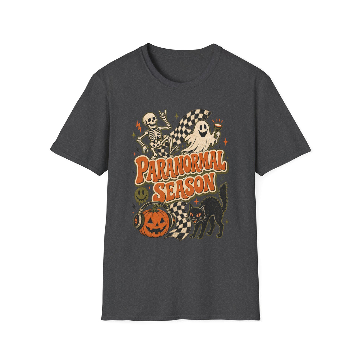 Paranormal Season Halloween T-Shirt — Retro Skeleton, Ghost & Black Cat Design
