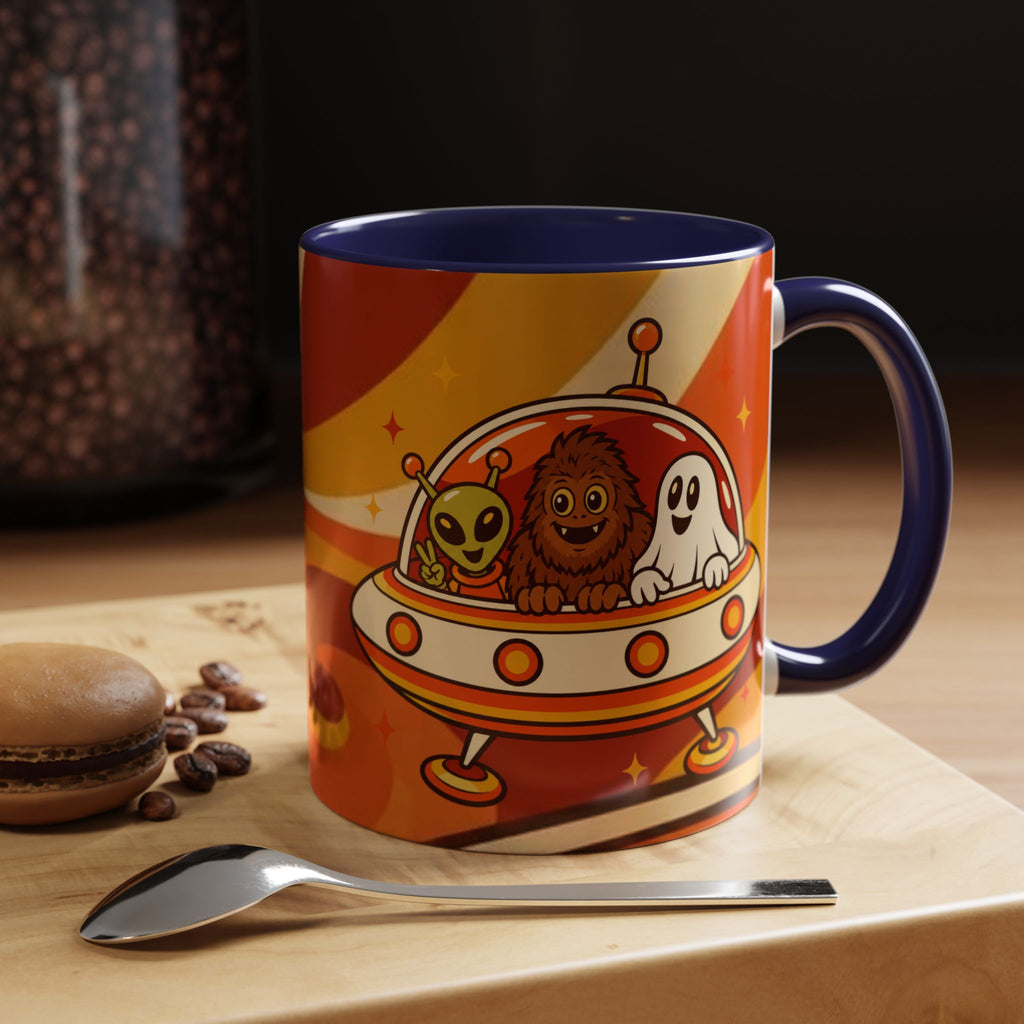 Retro Alien Friends Coffee Mug — Cute UFO, Alien, Bigfoot & Ghost Accent Mug (11/15oz)
