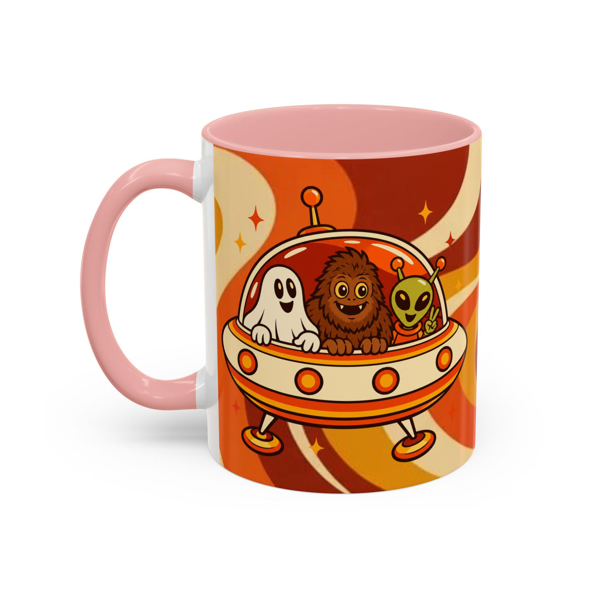 Retro Alien Friends Coffee Mug — Cute UFO, Alien, Bigfoot & Ghost Accent Mug (11/15oz)
