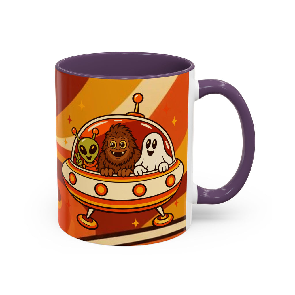Retro Alien Friends Coffee Mug — Cute UFO, Alien, Bigfoot & Ghost Accent Mug (11/15oz)