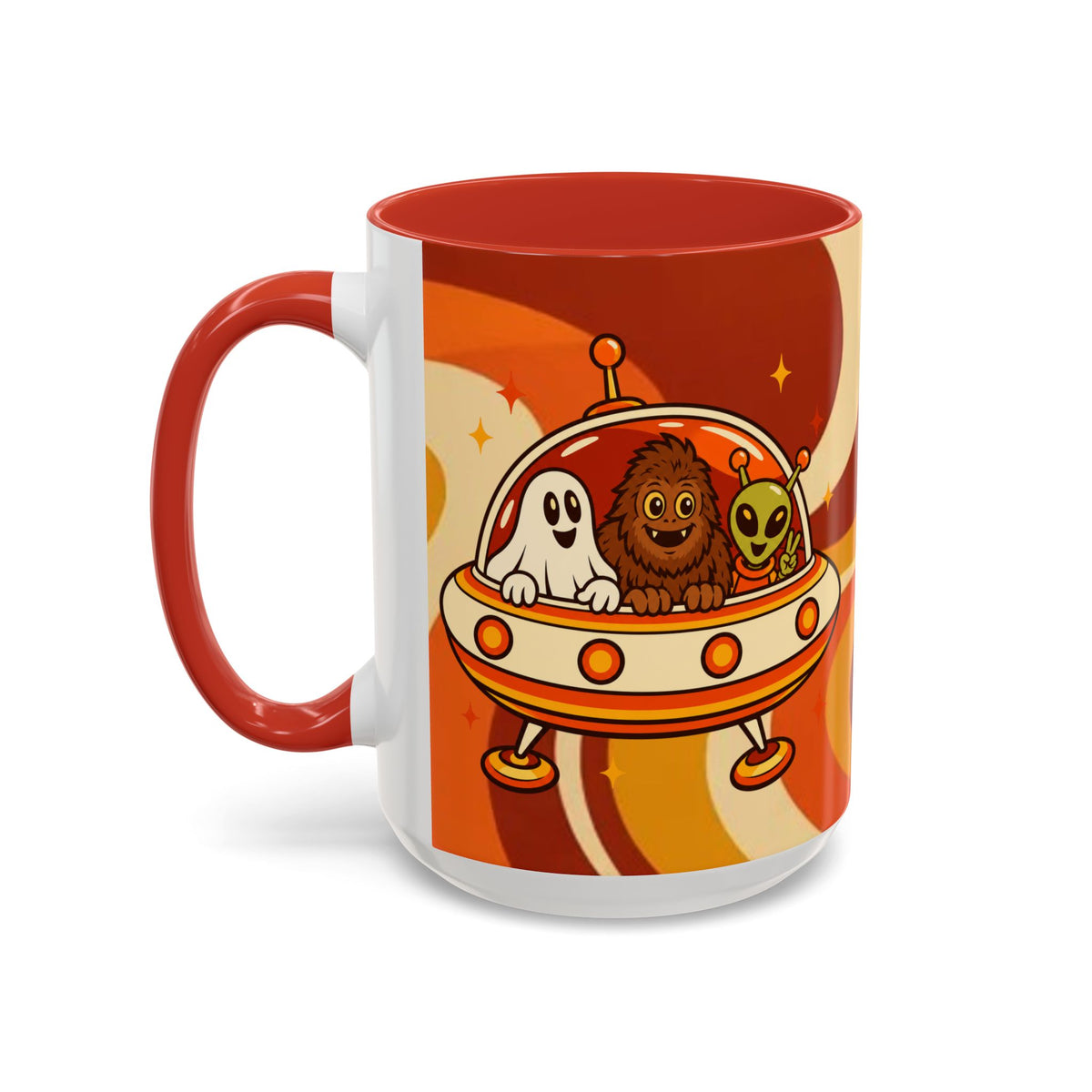 Retro Alien Friends Coffee Mug — Cute UFO, Alien, Bigfoot & Ghost Accent Mug (11/15oz)